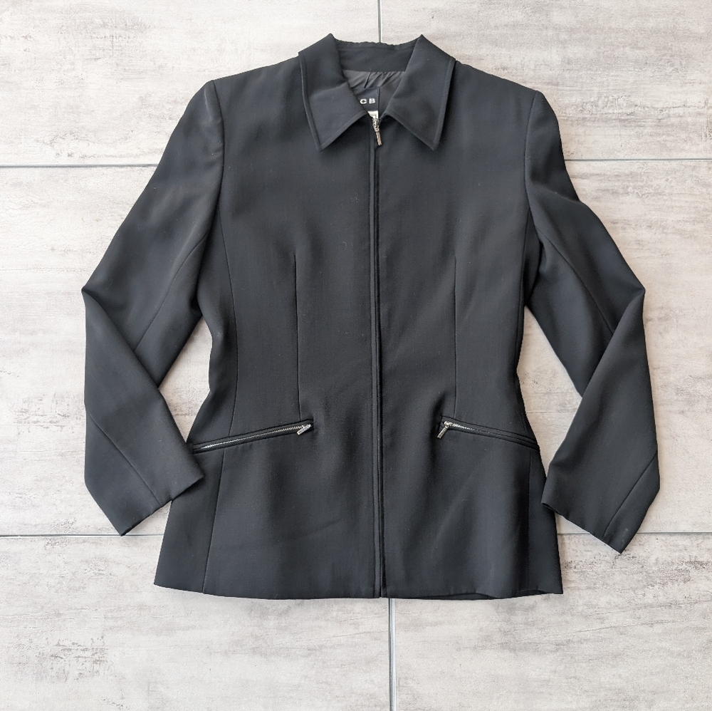 ICB Bergdorf Goodman Women's Black Zip Up Wool Blazer Jacket Office Small